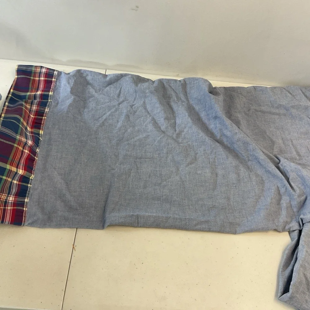 VTG Ralph Lauren Garrison Queen Flat &fitted  2 King Cases denim/ plaid trim